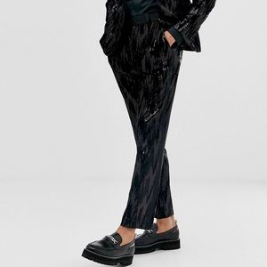 Black Velvet Tuxedo Pants with Sequins